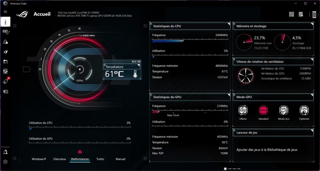 Armourey Crate sur le Asus Rog Strix Scar 17 G733Z