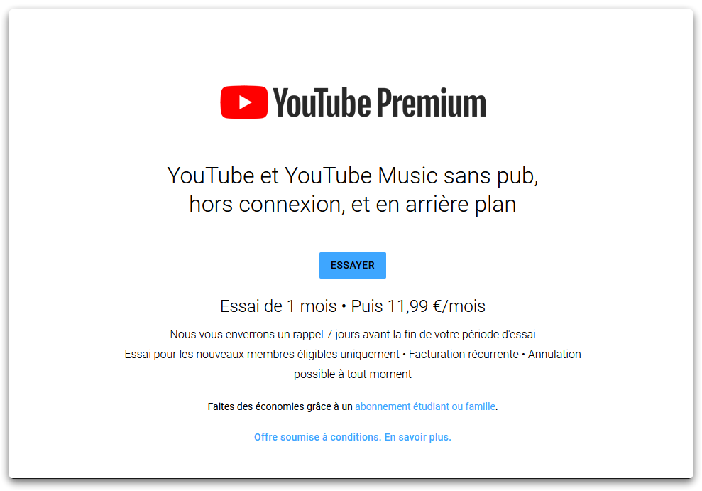 Prix de YouTube Premium en France