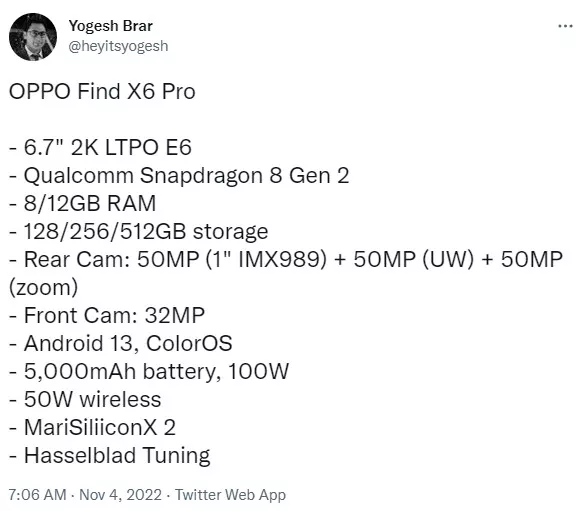 Caractéristiques du Oppo Find X6 Pro