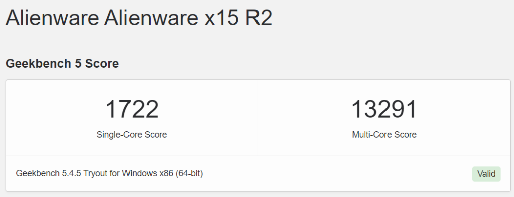Geekbench du Alienware X15 R2