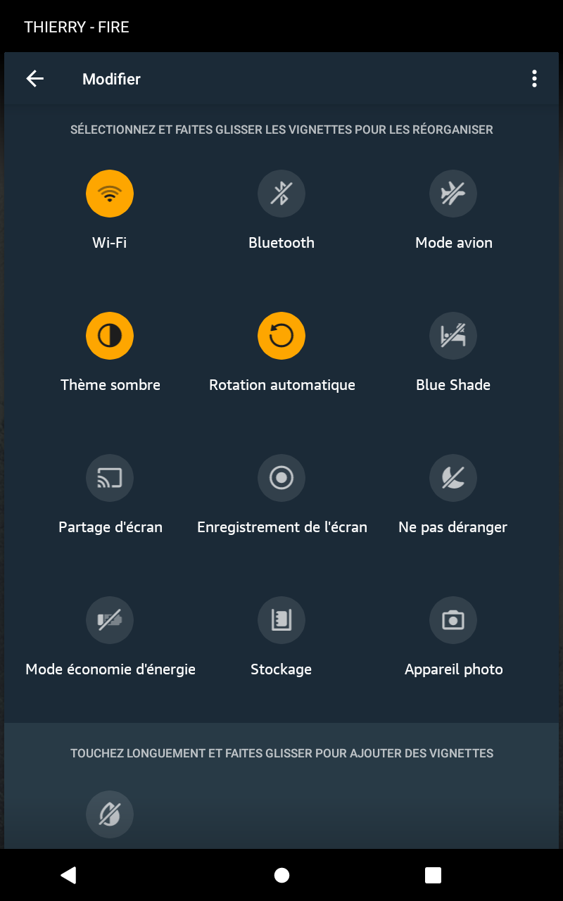 Amazon Fire HD 8 - menu réglage rapide