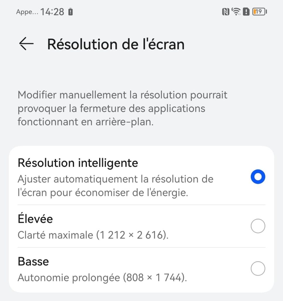 resolution d'écran du mate 50 pro - réglages