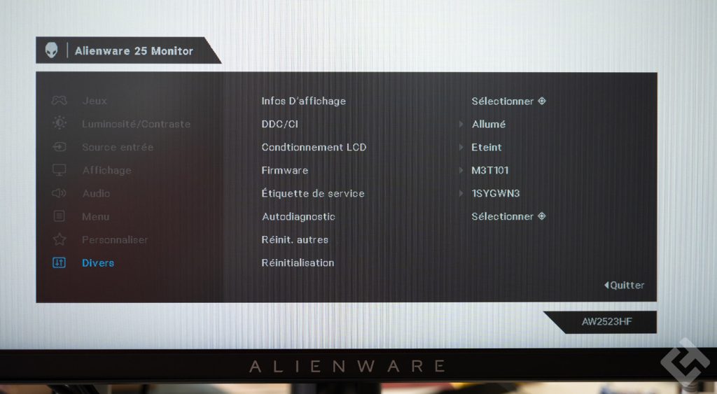 Menu OSD du Alienware AW2523HF