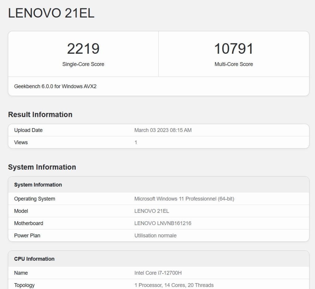 geekbench du lenovo thinkbook plus gen 3