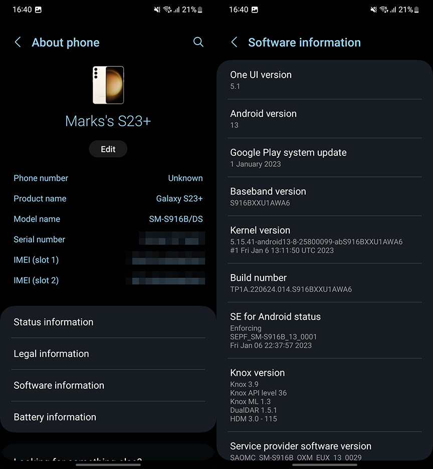 Interface du Samsung Galaxy S23 Plus