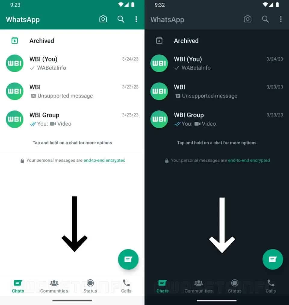 Nouvelle barre de navigation WhatsApp Android