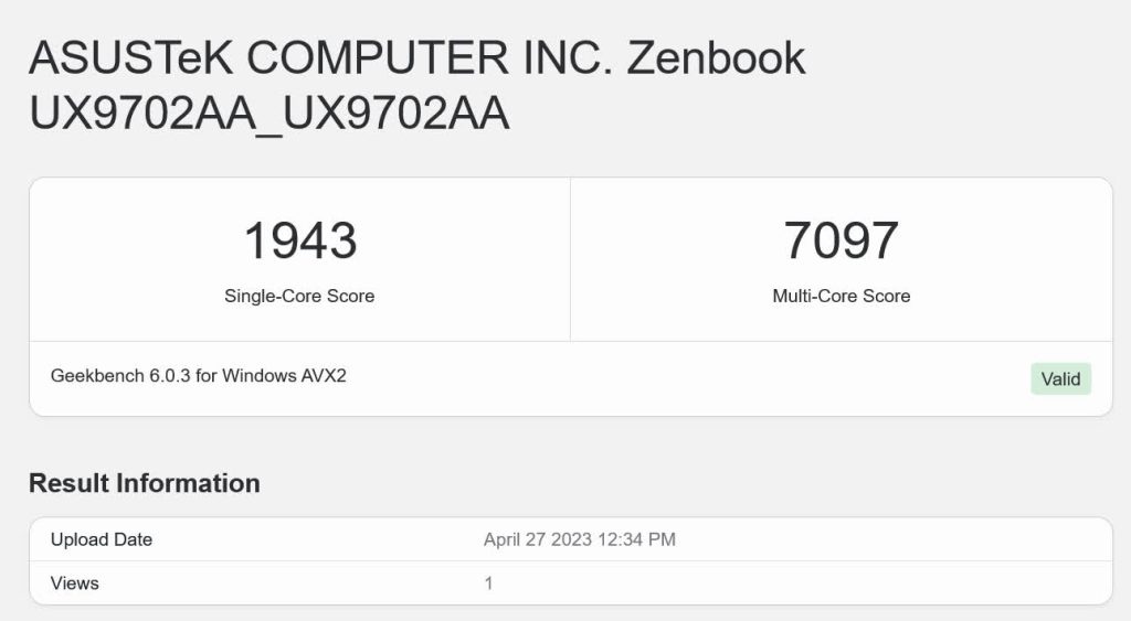 GeekBench 6 du Asus Zenbook 17 Fold OLED