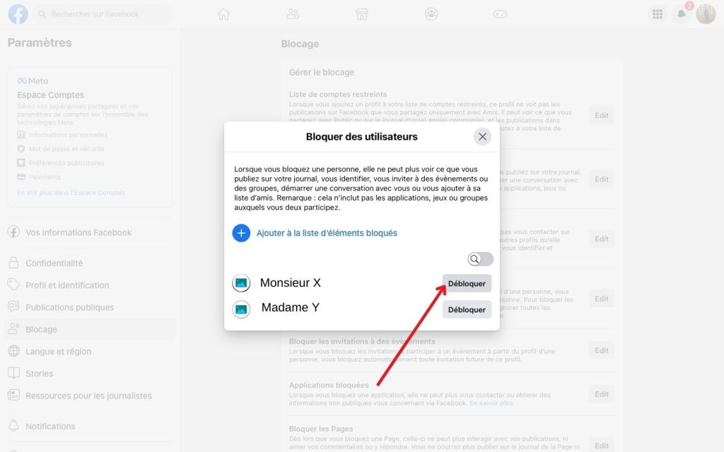 débloquer une personne sur le site de Facebook