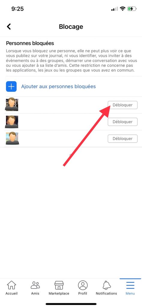 débloquer un contact sur l'application Facebook