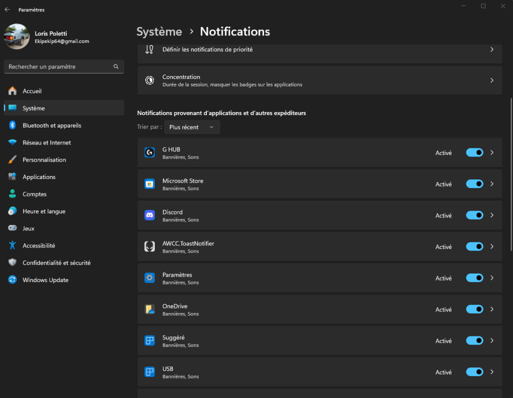 Système de notifications Windows 11