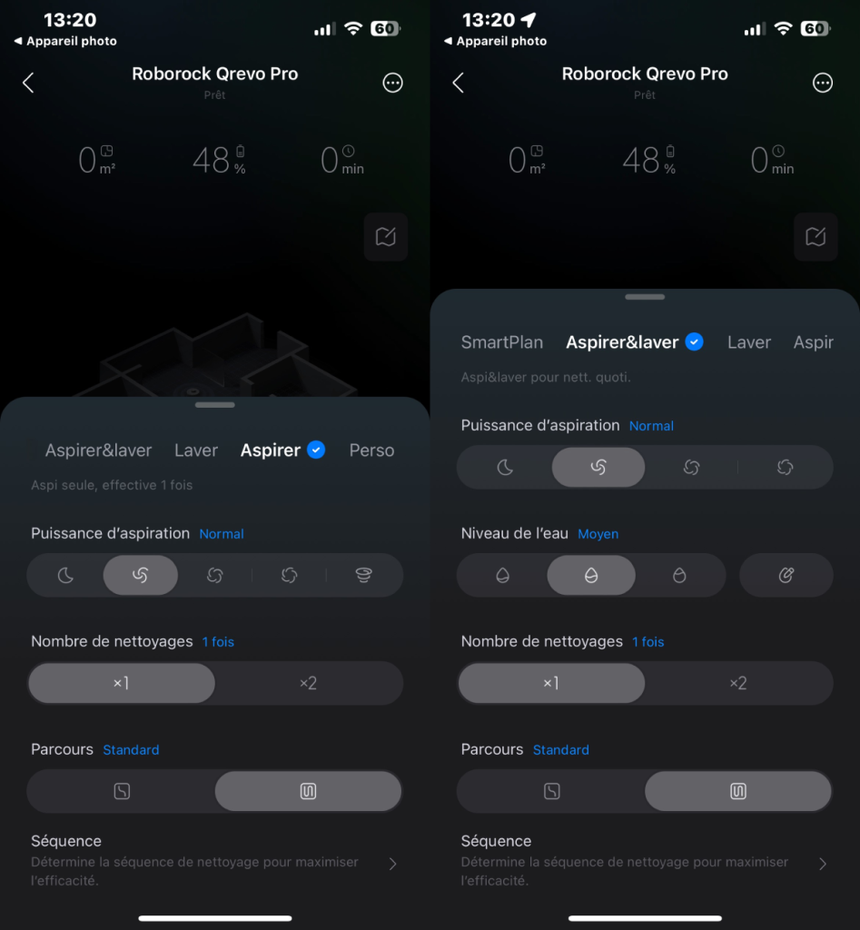 Paramètres d'aspiration Roborock