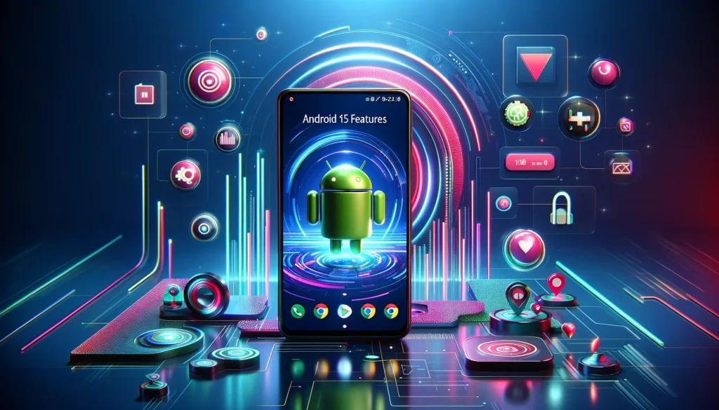 DALL·E 2024 05 17 11.16.59 A visually appealing image highlighting the top 7 features of Android 15. The scene features a sleek Android smartphone displaying the Android 15 inte 1 1024x585