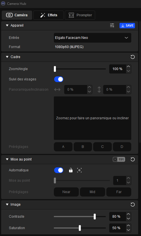 Paramètres Facecam Neo