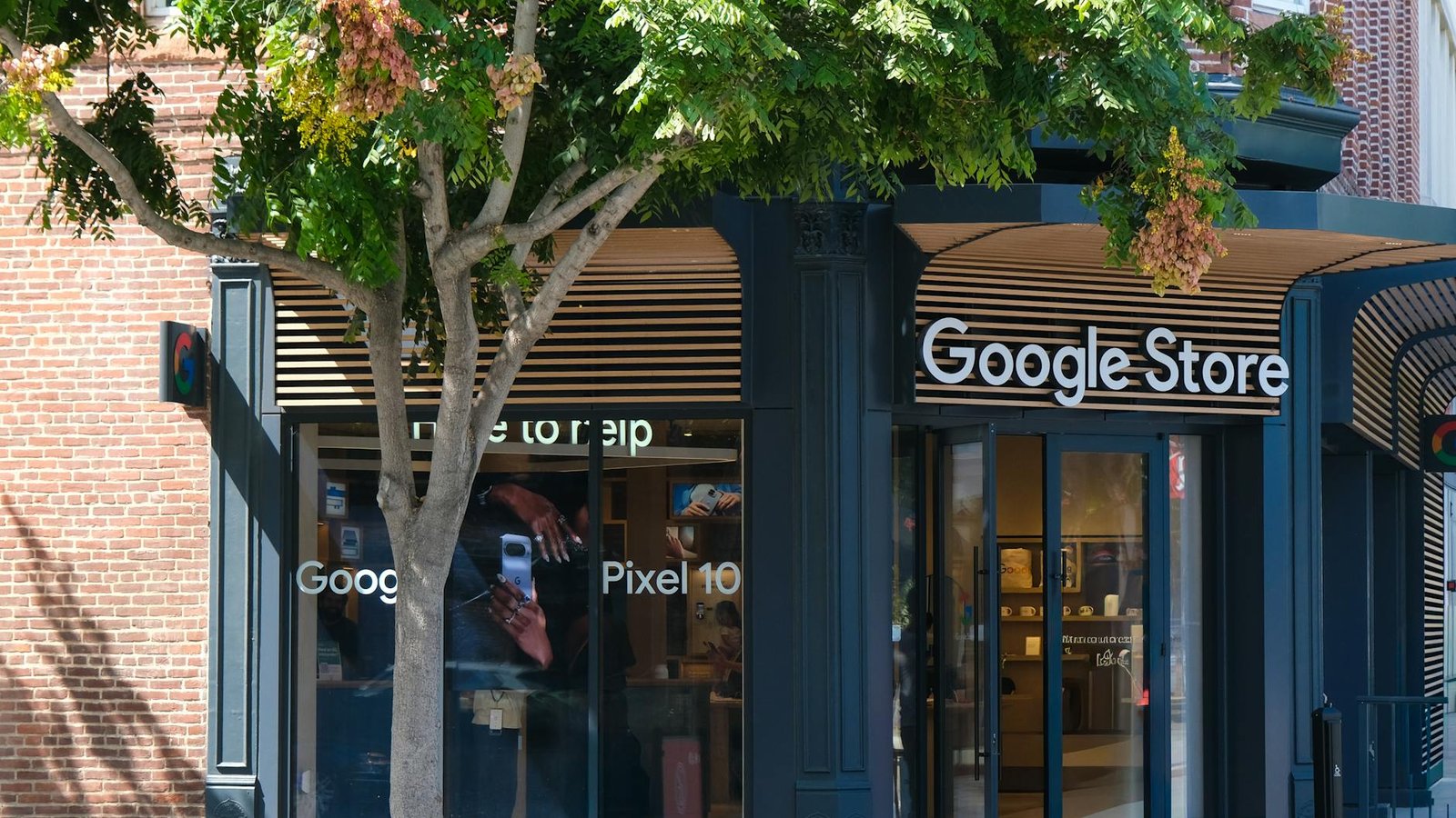 Google Store entrance in Los Angeles, showcasing trendy tech products and modern architecture.