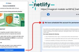 Phishing Facebook via faux email Meta et domaine Netlify malveillant