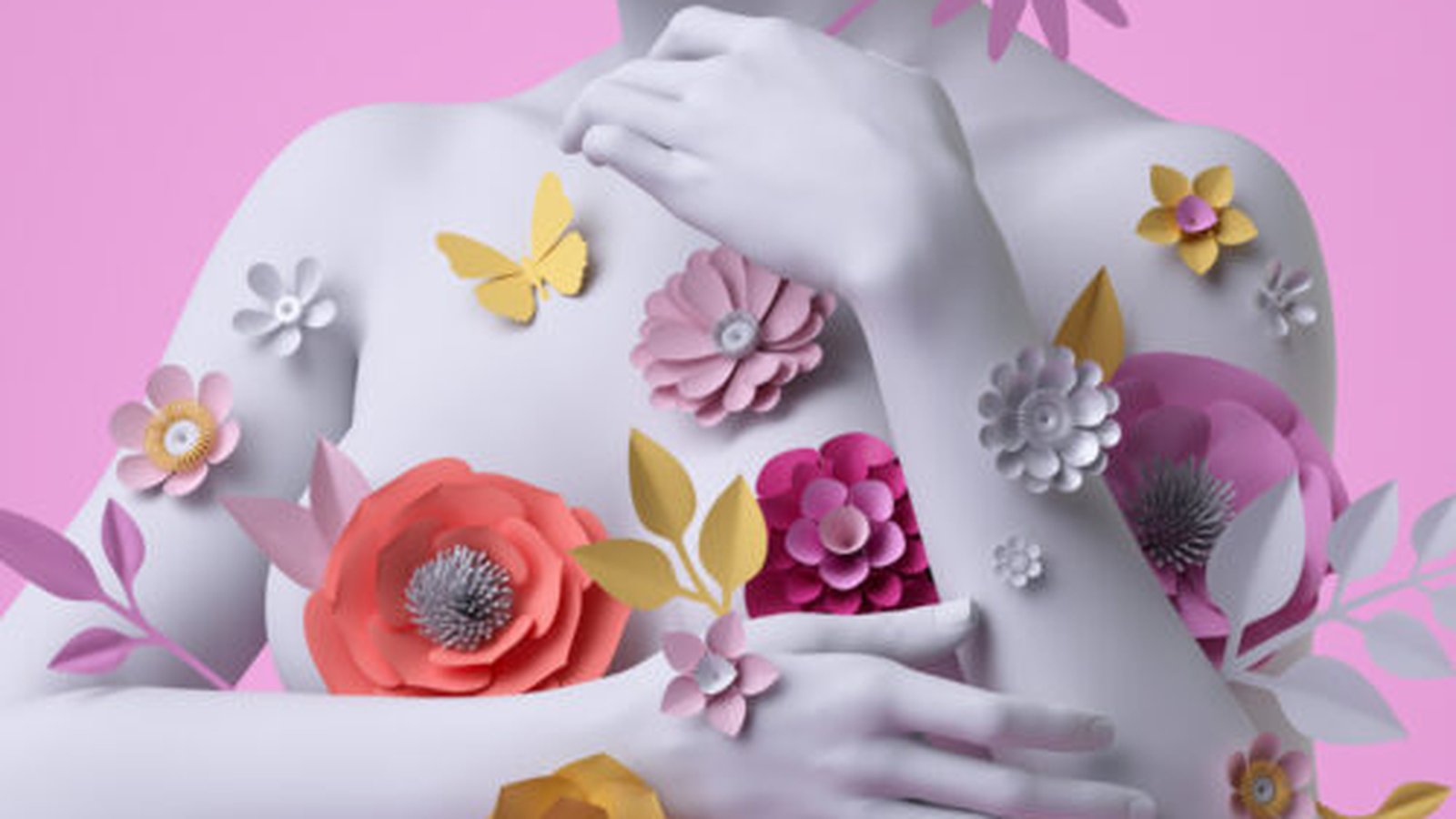 Faux nus IA — mannequin féminin 3D recouvert de fleurs colorées