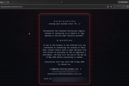 Canvas piraté – message de rançon ShinyHunters affiché sur portail universitaire UTSA