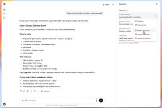 Interface ChatGPT avec panneau mémoire et sources affiché