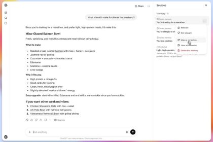 Interface ChatGPT avec panneau mémoire et sources affiché