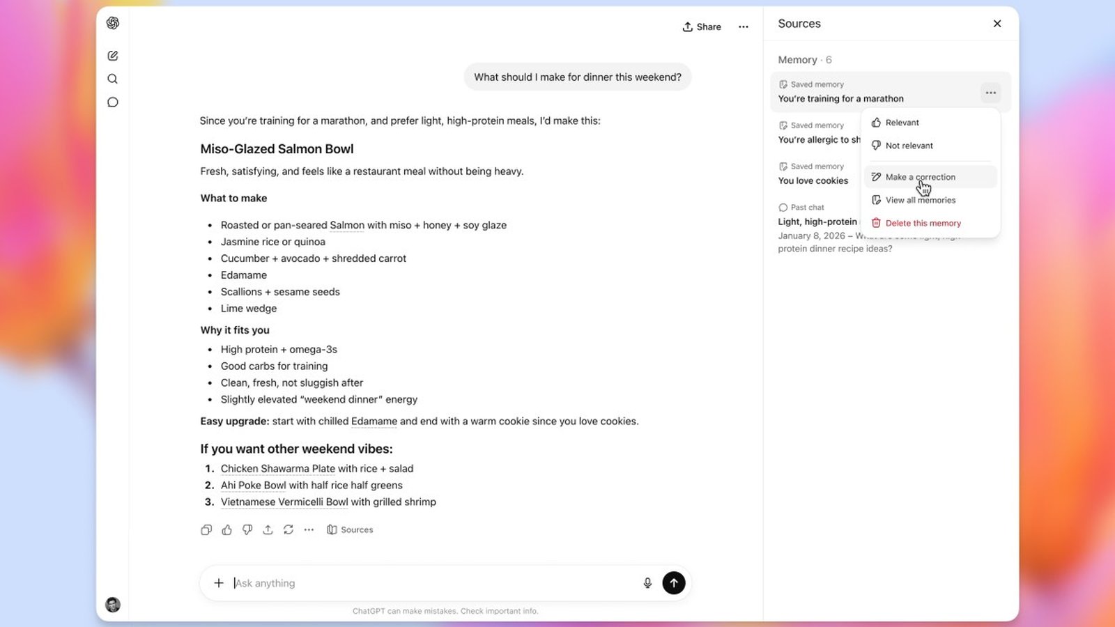 Interface ChatGPT avec panneau mémoire et sources affiché