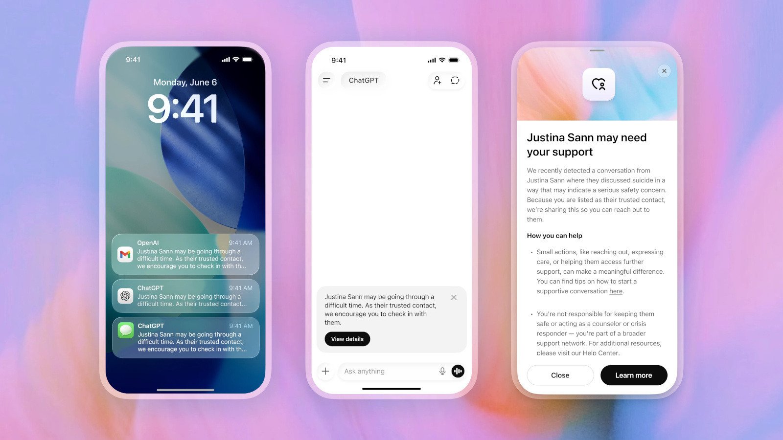 ChatGPT alerte suicide — interface iPhone avec notification envoyée à un proche de confiance