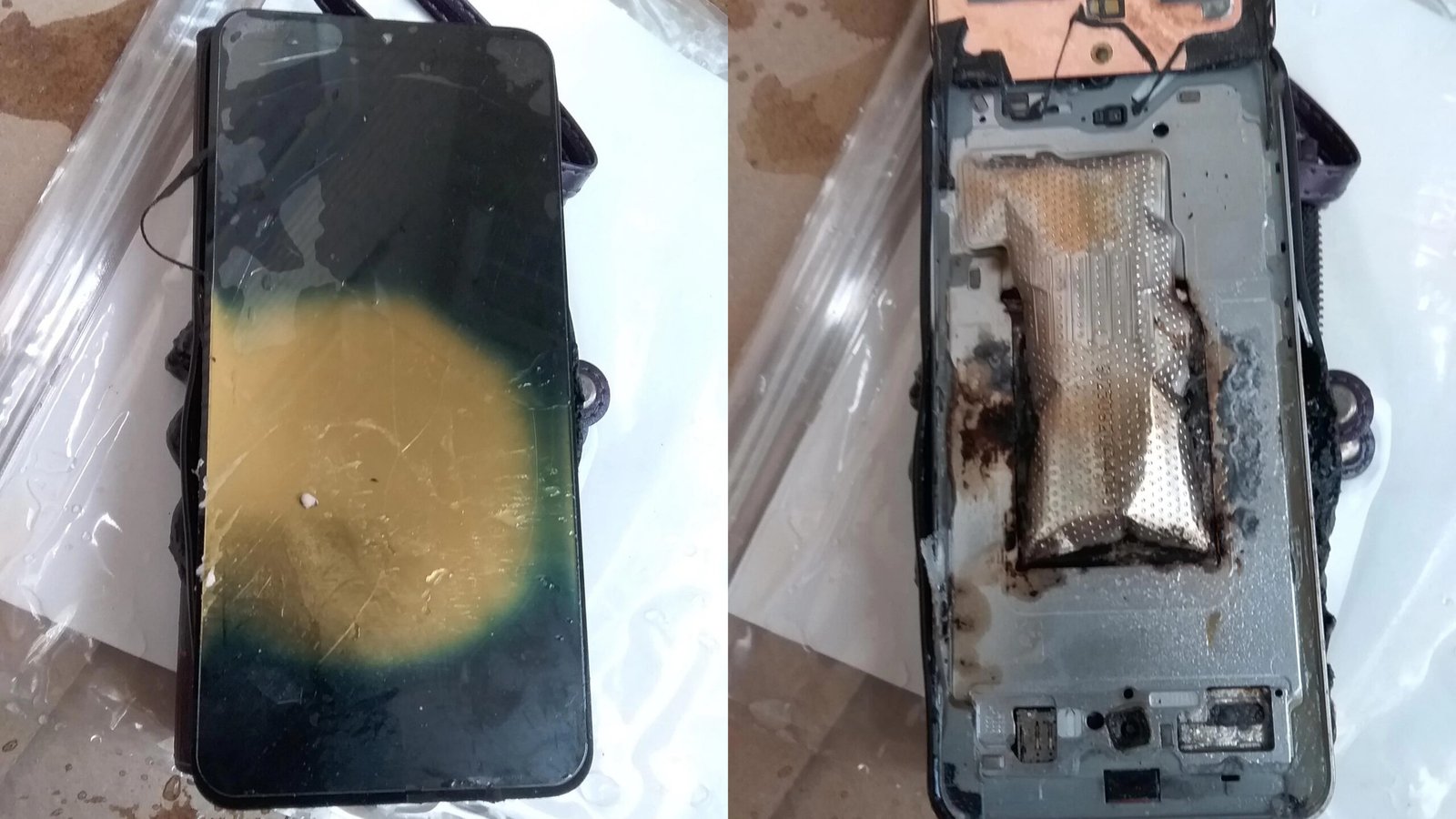 Galaxy S FE explosé face avant brûlée et batterie calcinée après explosion en charge