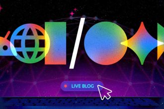 Google I/O 2026 logo conférence développeurs avec bouton Live Blog