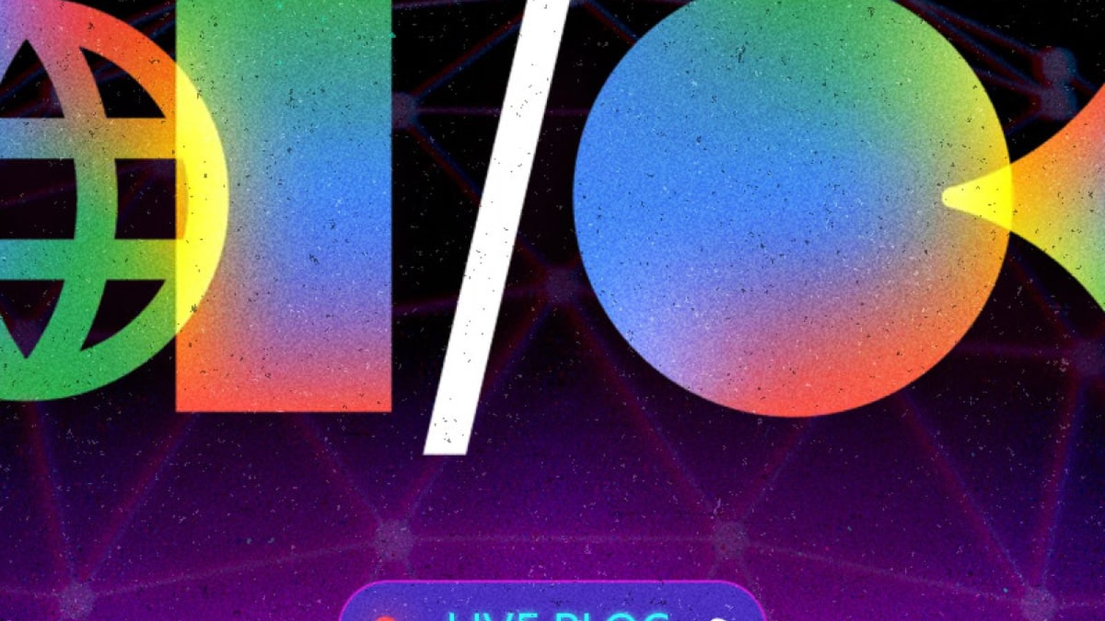 Google I/O 2026 logo conférence sur fond néon violet et réseau