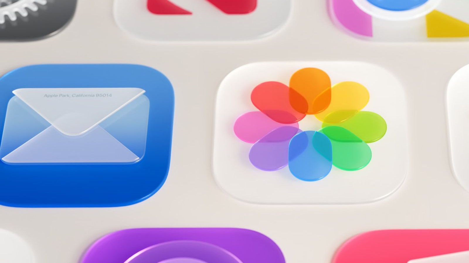 Liquid Glass Apple iOS icônes translucides rendu 3D gros plan