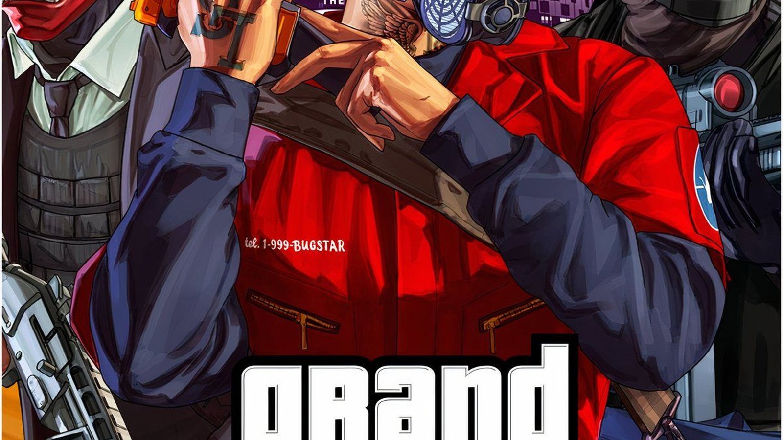 GTA Online affiche officielle Rockstar avec personnages masqués armés