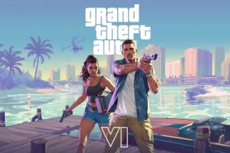 GTA 6 artwork officiel avec protagonistes Jason et Lucia devant Vice City