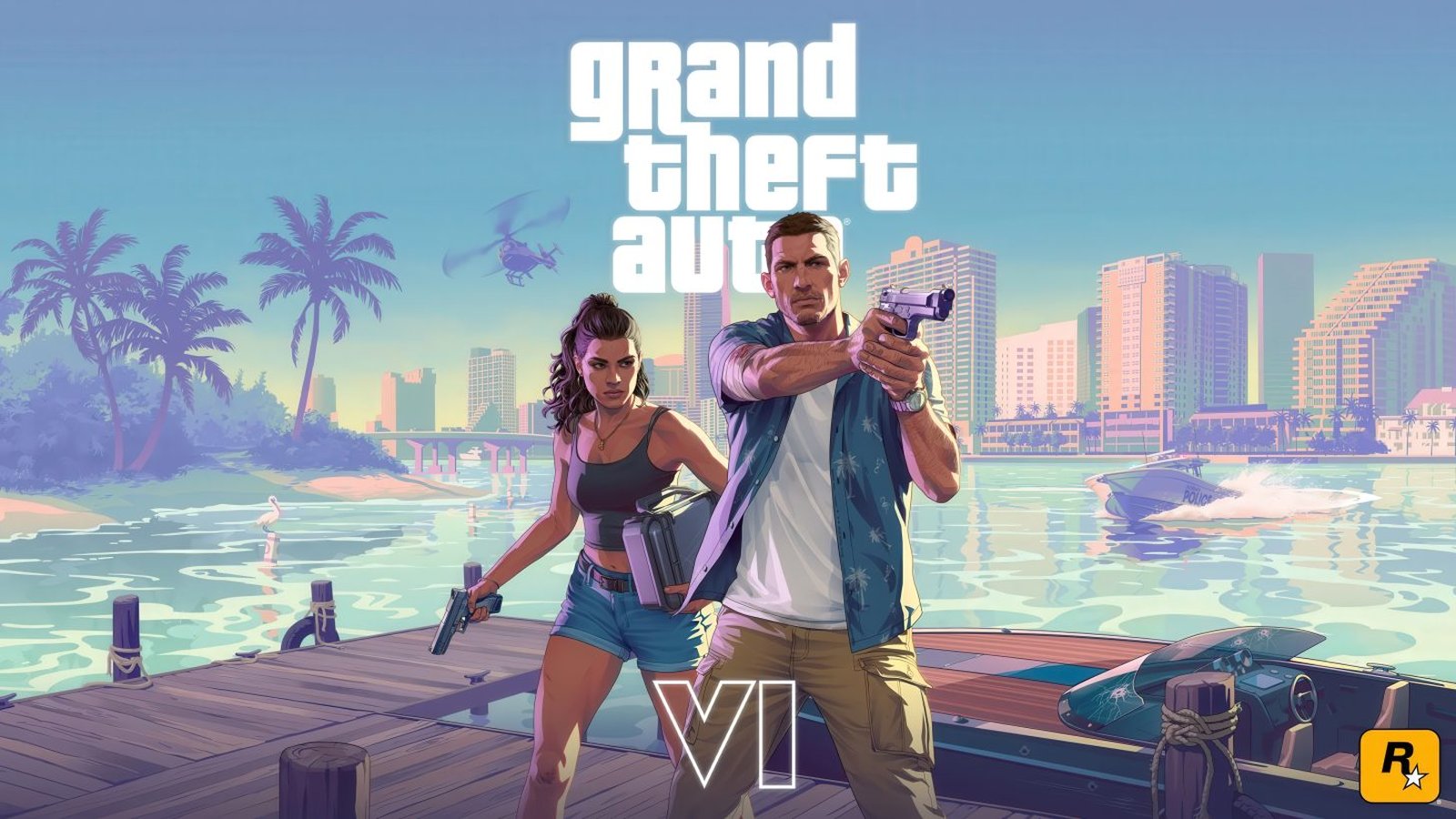 GTA 6 artwork officiel avec protagonistes Jason et Lucia devant Vice City