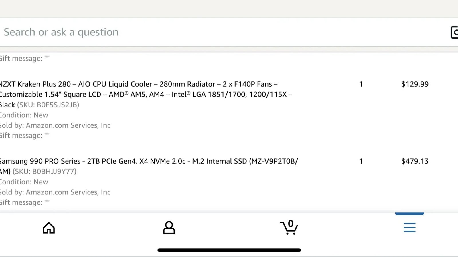Commande Amazon Samsung 990 PRO 2TB capture écran facture 479 dollars