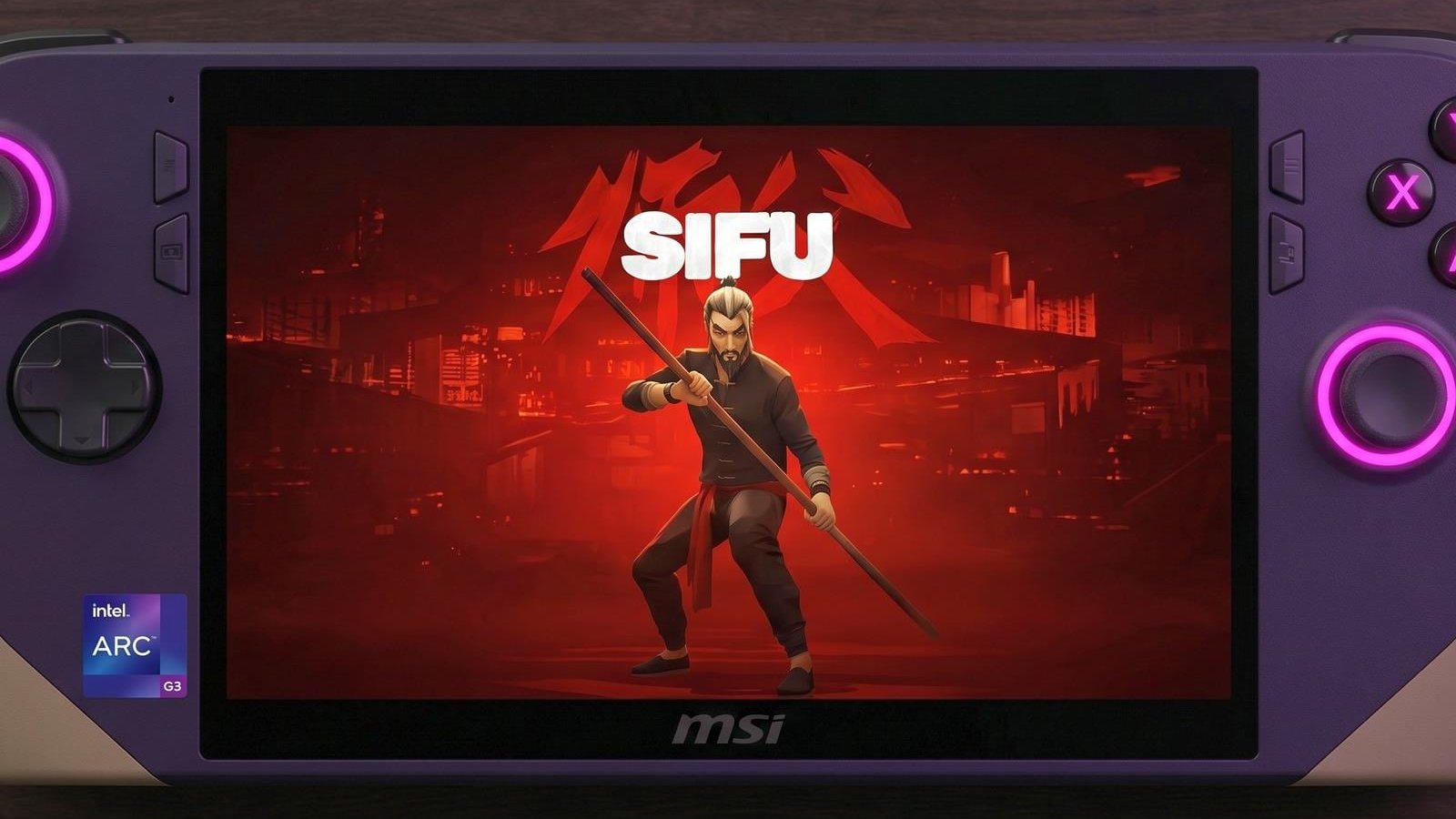 MSI Claw 8 EX AI+ Intel Arc G3 Extreme couleur violet avec jeu Sifu à l'écran
