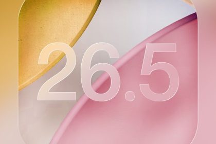 iOS 26.5 icône Apple mise à jour fond artistique rose et or