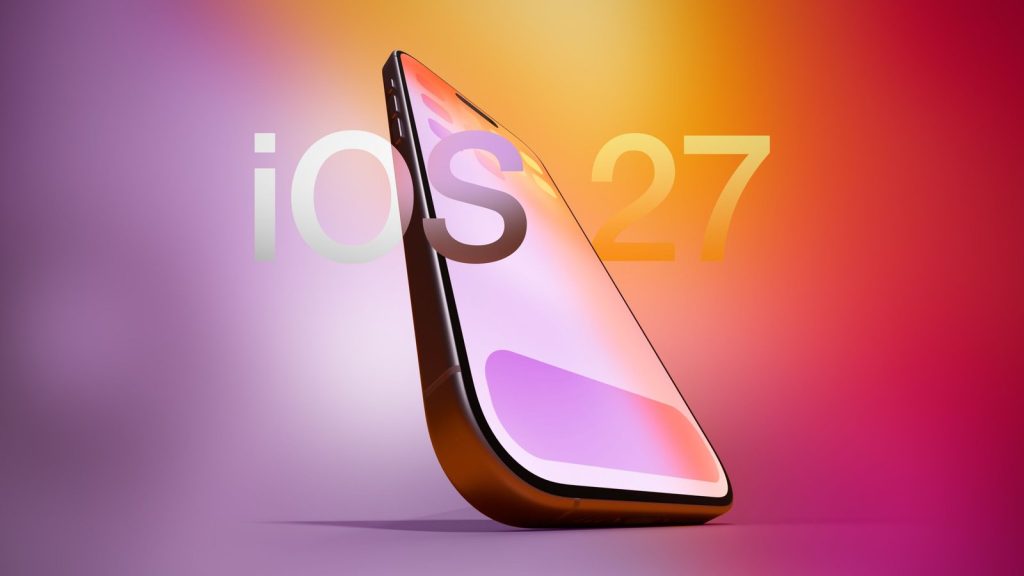 iOS 27 concept iPhone courbé vue perspective fond dégradé orange rose