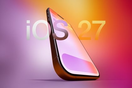 iOS 27 concept iPhone courbé vue perspective fond dégradé orange rose