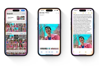 iOS Apple Intelligence – trois iPhone affichant recherche IA et notes
