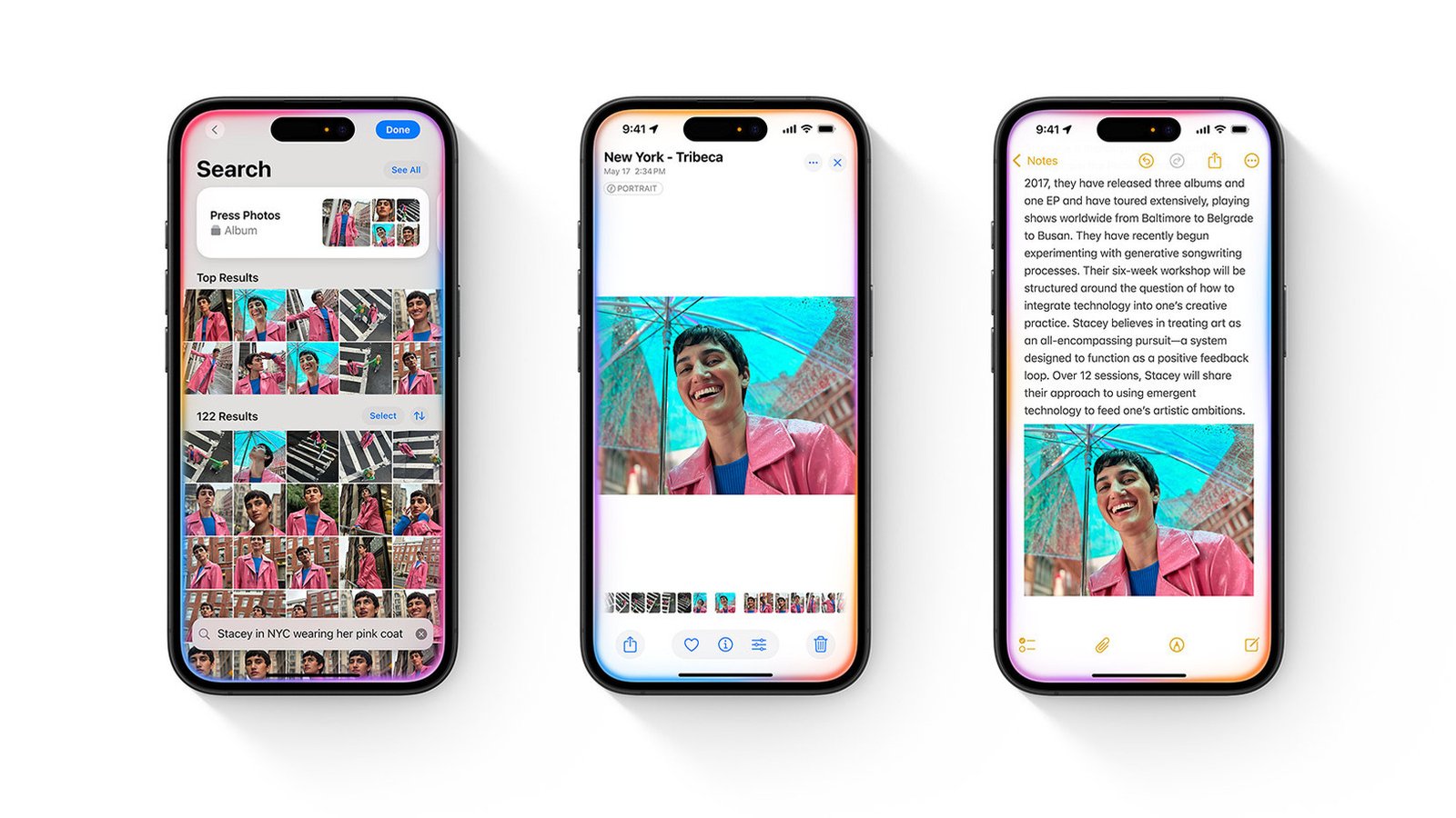 iOS Apple Intelligence – trois iPhone affichant recherche IA et notes