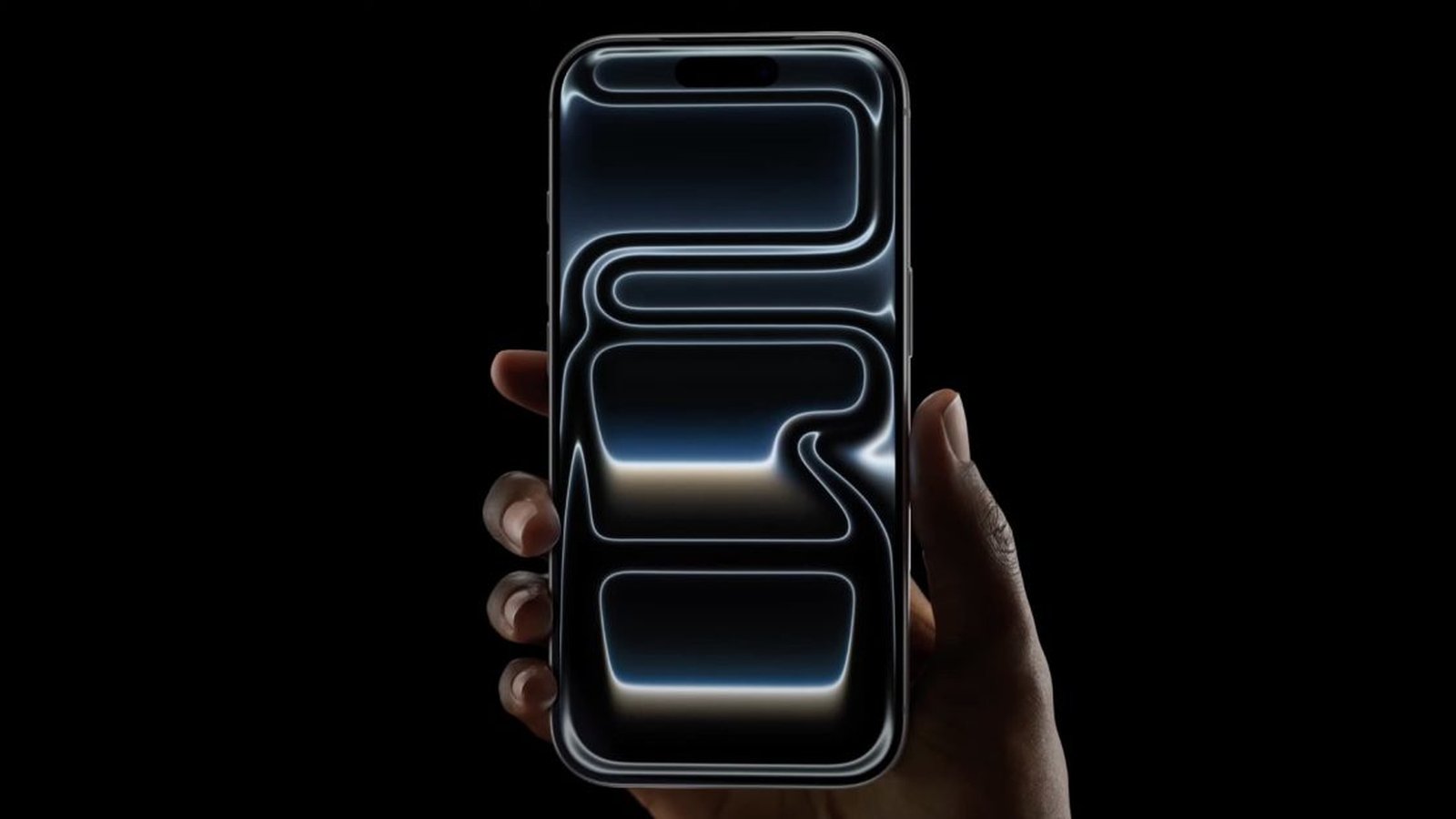 iPhone Pro tenu en main avec animation graphique sur l'écran fond noir