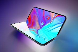 iPhone pliable concept rendu 3D écran déplié coloré fond violet bleu