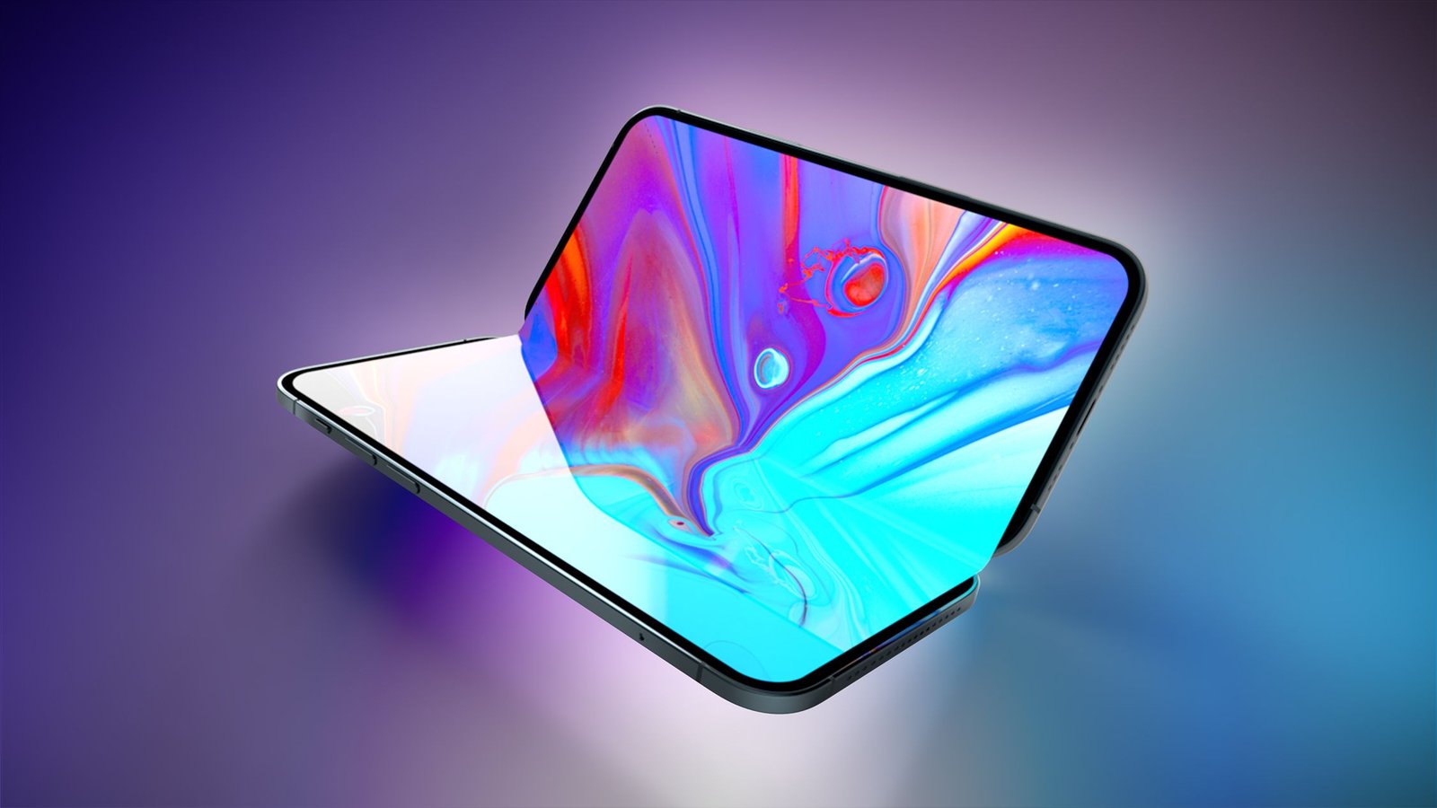 iPhone pliable concept rendu 3D écran déplié coloré fond violet bleu