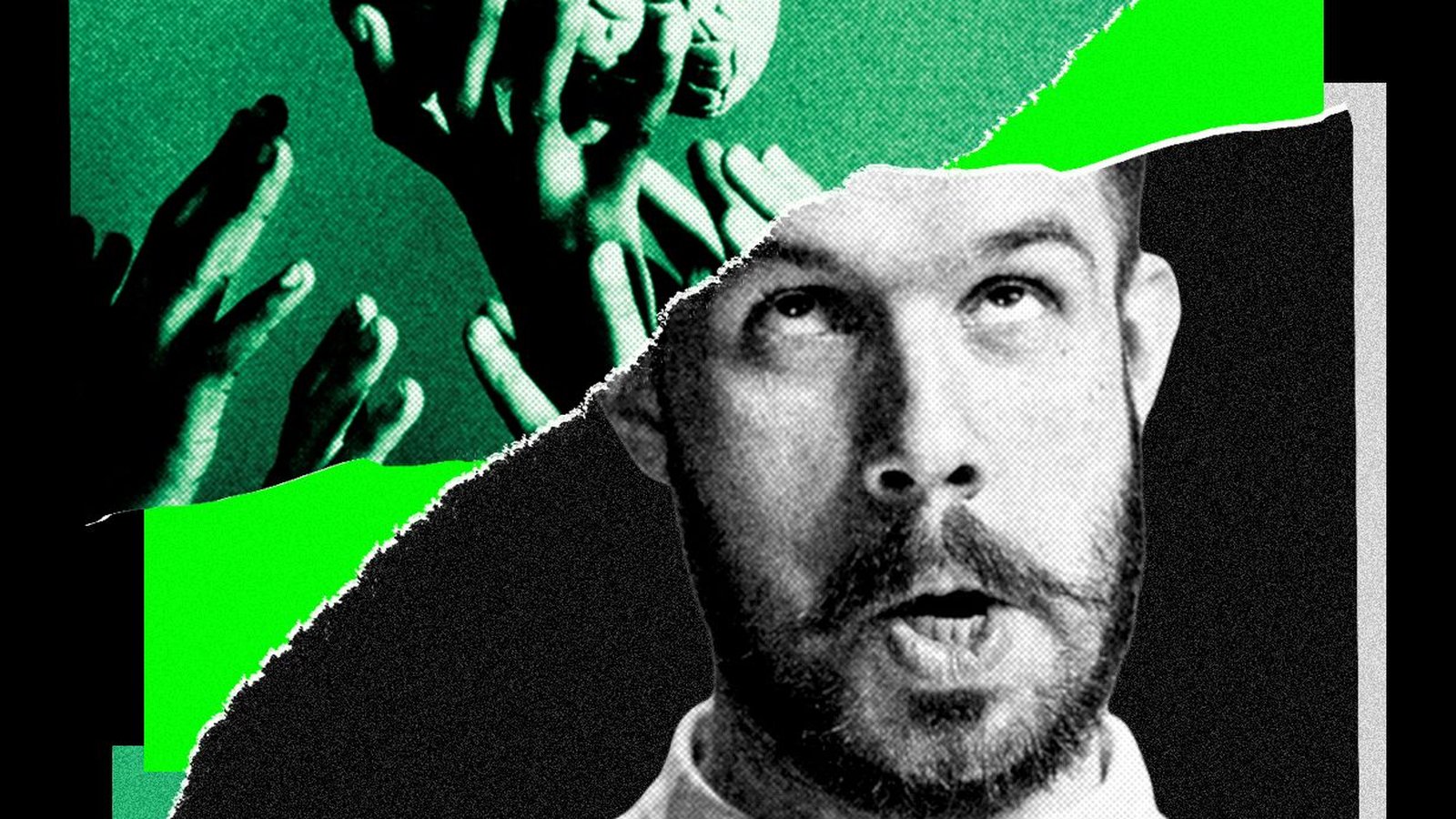 IA et cerveau humain — collage éditorial mains tendues vers un cerveau