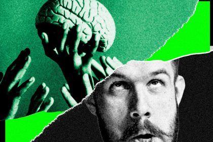 IA et déclin cognitif — cerveau humain convoité par des mains, homme stupéfait