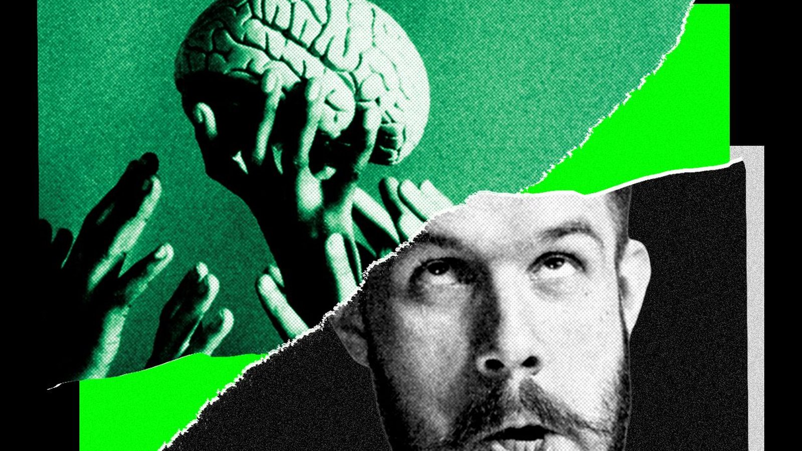 IA et déclin cognitif — cerveau humain convoité par des mains, homme stupéfait