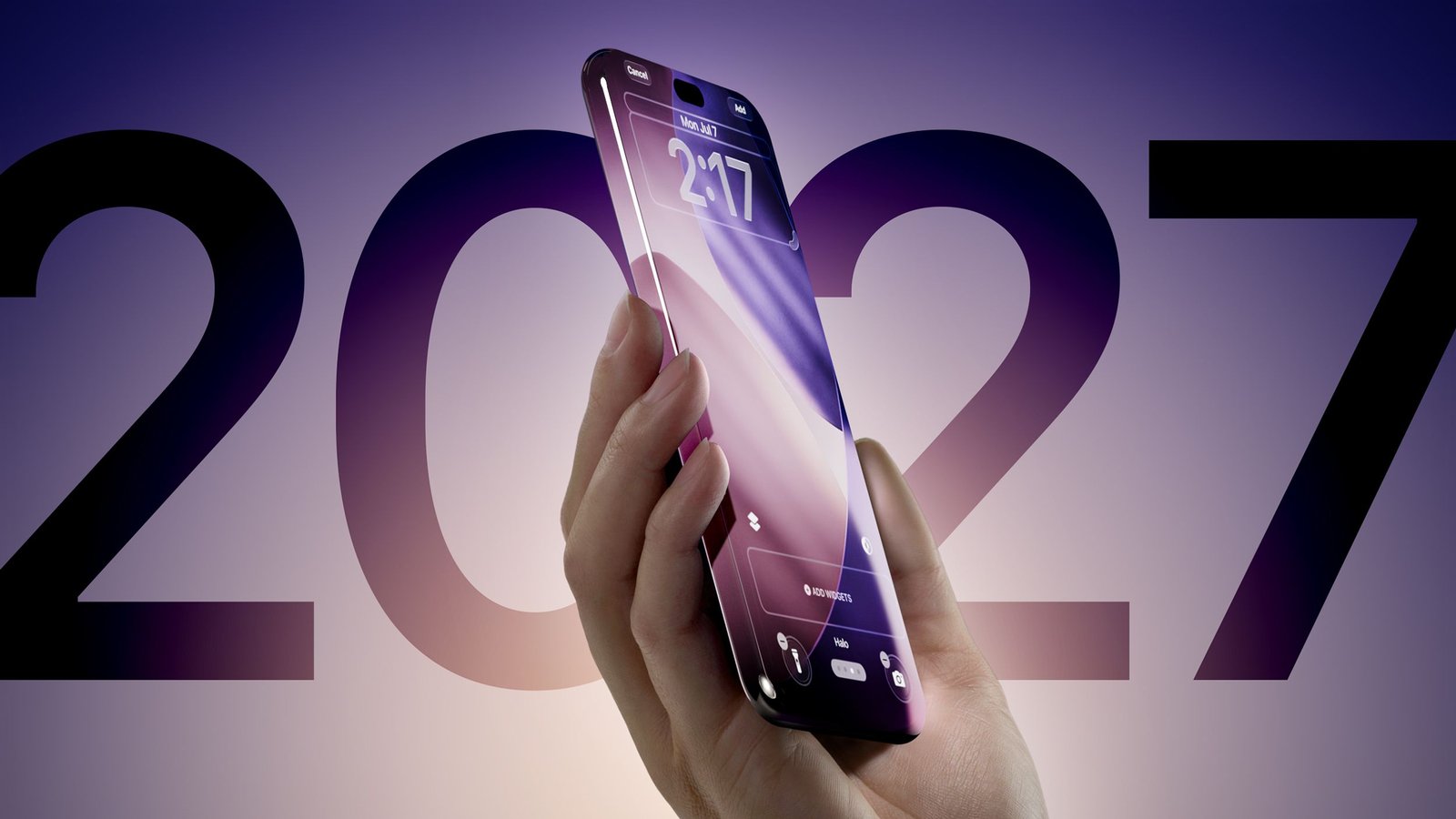 iPhone 2027 concept design sans boutons tenu en main, fond violet
