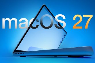 macOS 27 Apple — MacBook ouvert en angle créatif sur fond bleu