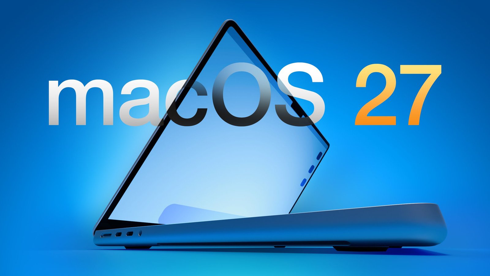 macOS 27 Apple — MacBook ouvert en angle créatif sur fond bleu