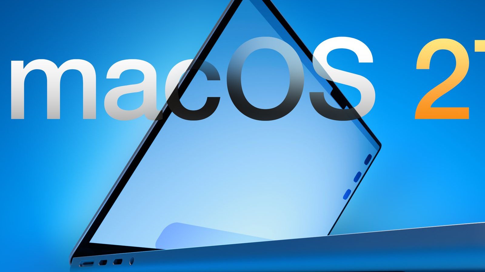 macOS 27 Apple — MacBook incliné avec logo système en arrière-plan bleu