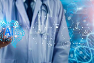 Intelligence artificielle santé — médecin et interface IA avec icônes médicales hexagonales